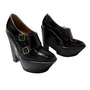 Burberry Black Prorsum Leather Monk Double Buckle Platform Wedge